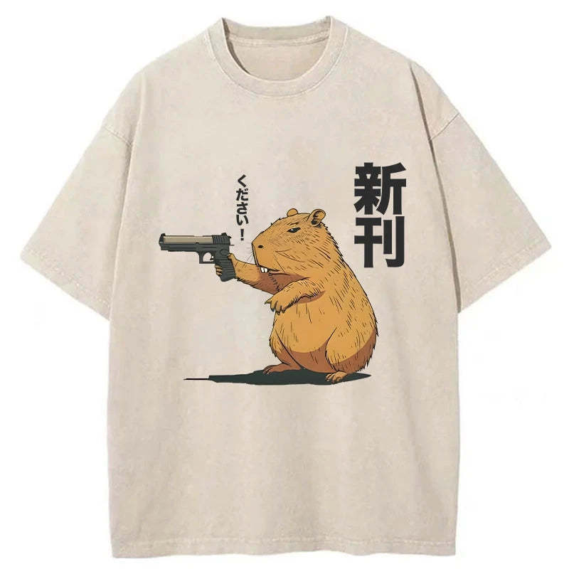 Capybara Holding A Gun Washed T-Shirt Cool Urban Street Style Shirt Gifts For Her - Gypsysystersgift