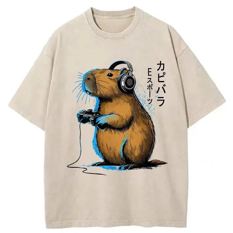 Capybara Playing E-sports Washed T-Shirt Unisex Streetwear Graphic Style Gifts For Her - Gypsysystersgift