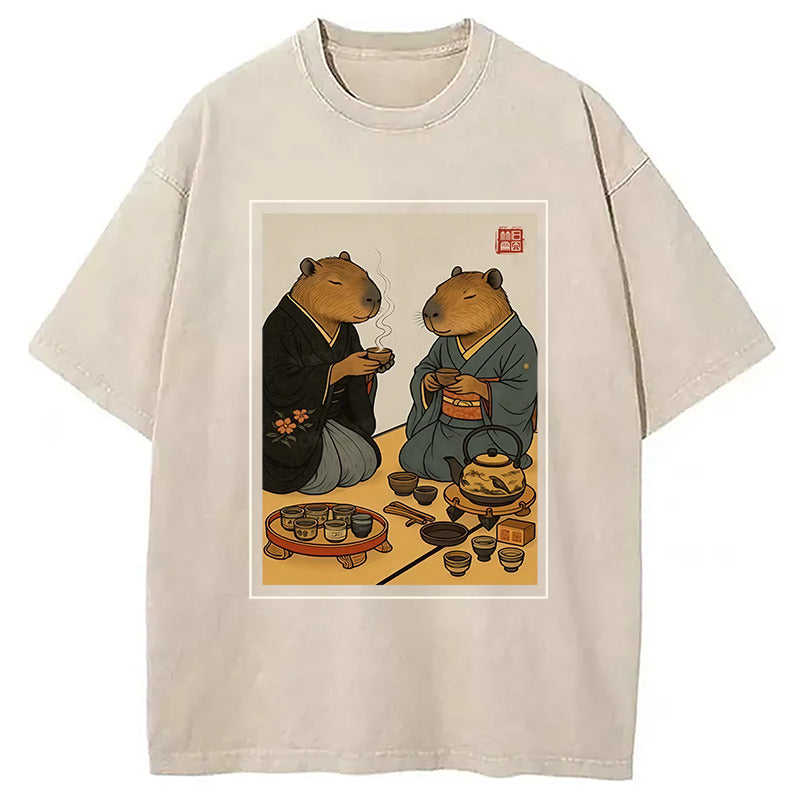 Capybara Tea Ceremony Washed T-Shirt Everyday Comfort Graphic Shirt Gifts For BFF - Gypsysystersgift