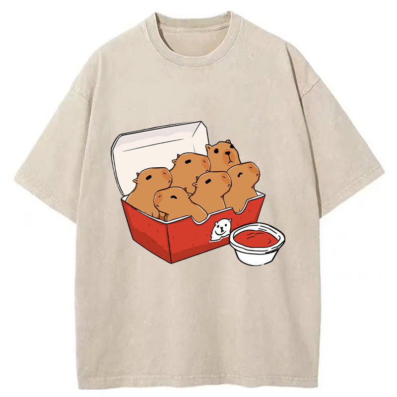 Capybara With Tomato Sauce Washed T-Shirt Casual Vintage Everyday Look Gifts For Him - Gypsysystersgift