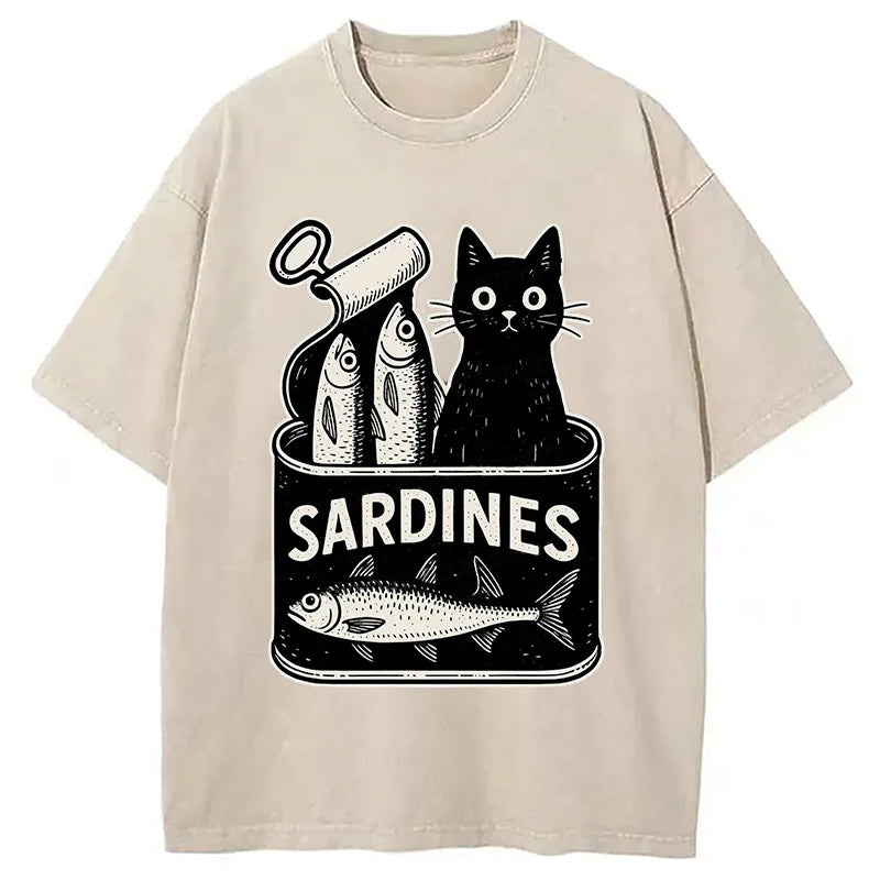 Cat And Canned Fish Washed T-Shirt Soft Cotton Daily Wear Tee Gifts For Friends - Gypsysystersgift