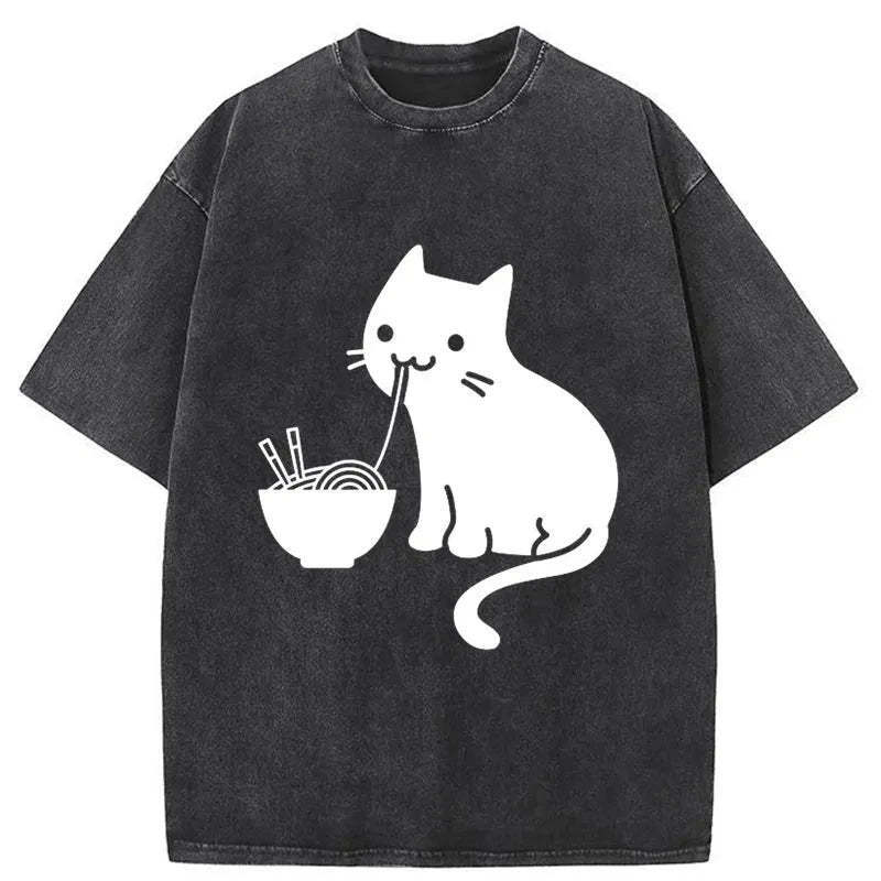 Cat Eating Ramen Japan Washed T-Shirt Retro Humor Outfit Idea Gifts For Him - Gypsysystersgift