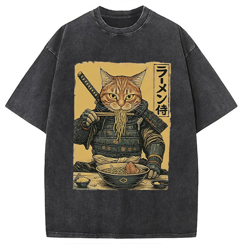 Cat General Eating Ramen Washed T-Shirt Classic Graphic Fashion Tee Gifts For Her - Gypsysystersgift