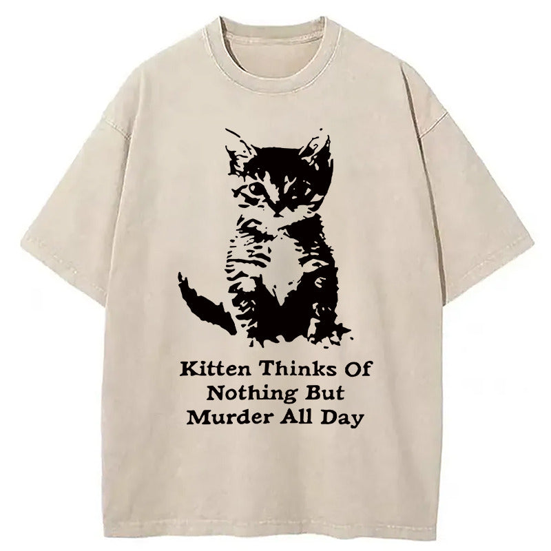 Cat Has A Murderous Thought Washed T-Shirt Retro Humor Graphic Top Gifts For Him - Gypsysystersgift