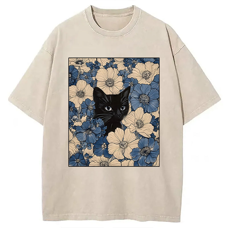 Cat In The Flowers Washed T-Shirt Funny Graphic Gift For Friends Gifts For Him - Gypsysystersgift