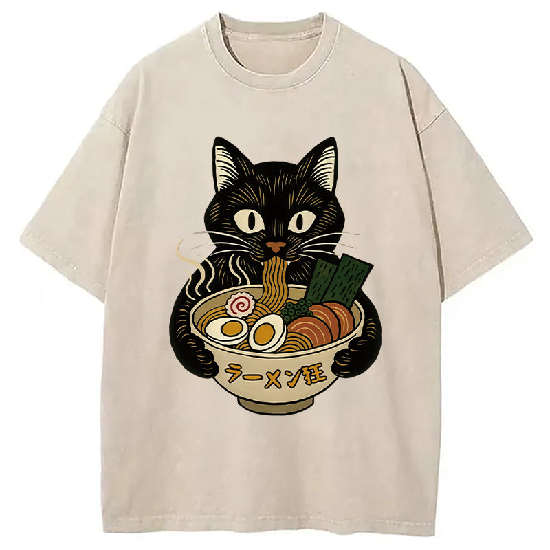 Cat Ramen Fanatic Washed T-Shirt Everyday Comfort Graphic Shirt Gifts For Him - Gypsysystersgift