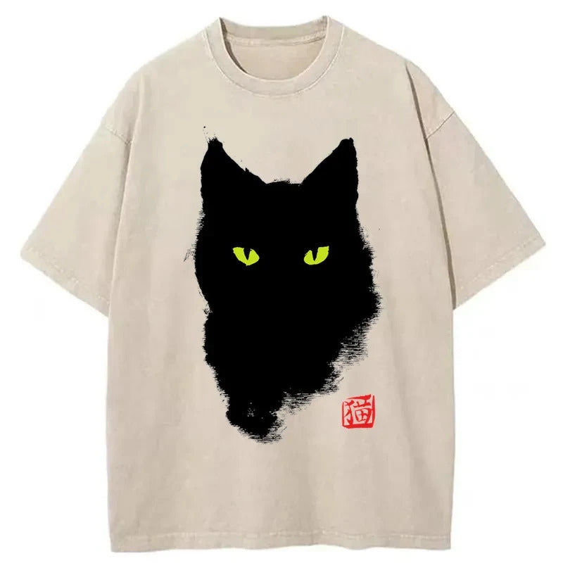 Cat Sharp Gaze Washed T-Shirt Minimal Retro Graphic Clothing Gifts For BFF - Gypsysystersgift