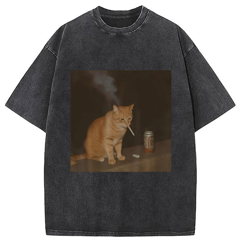 Cat Smoking Funny Meme Washed T-Shirt Funny Graphic Gift For Friends Gifts For Him - Gypsysystersgift