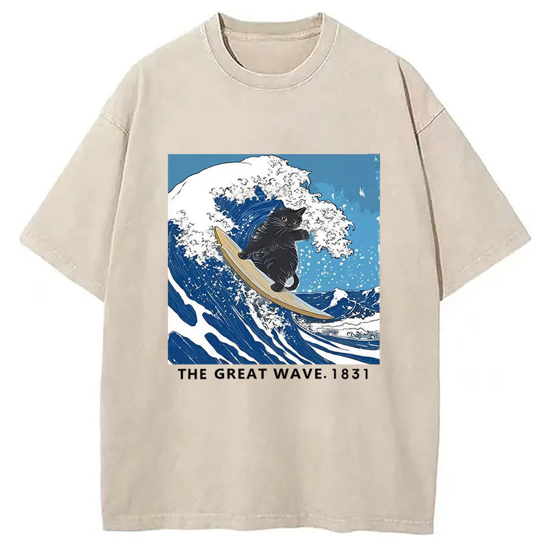 Cat Surfing Funny Washed T-Shirt Unisex Streetwear Graphic Style Gifts For Her - Gypsysystersgift