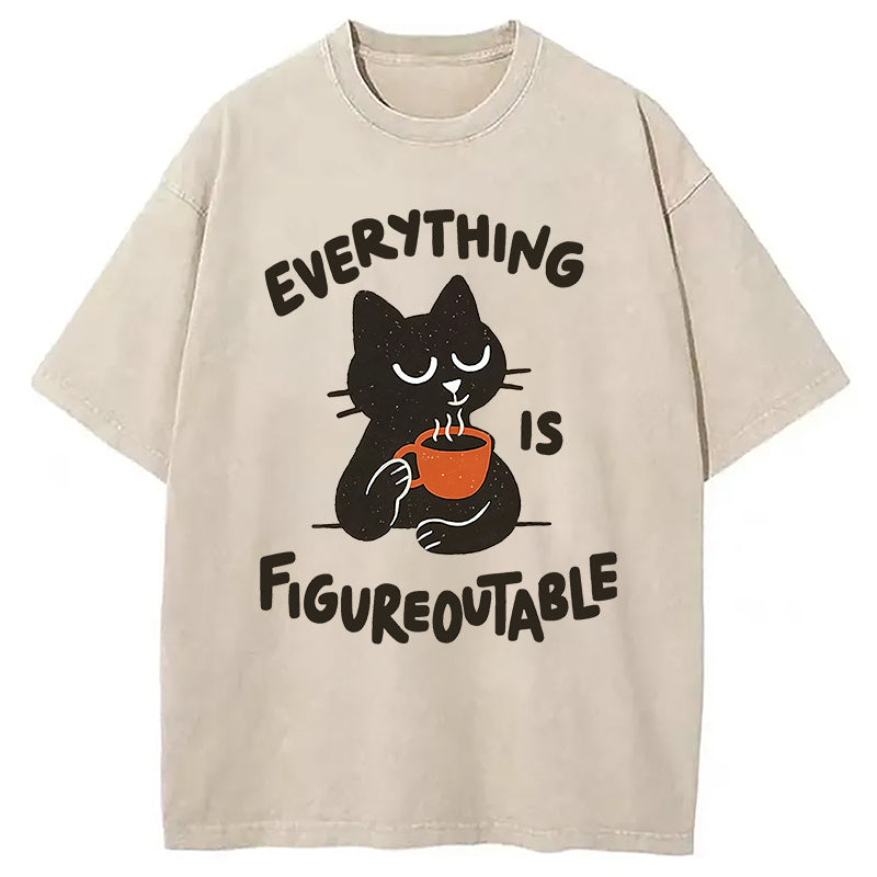 Cat Tasting Coffee Washed T-Shirt Casual Oversized Outfit Style Gifts For Her - Gypsysystersgift