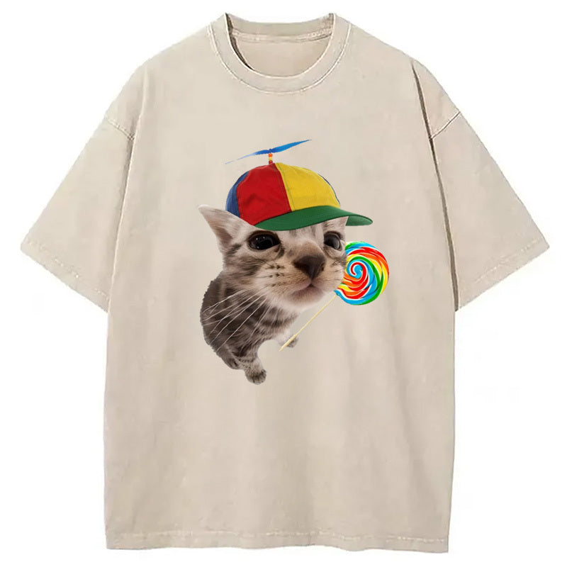 Cat With Lollipop And Hat Washed T-Shirt Retro Humor Outfit Idea Gifts For Friends - Gypsysystersgift