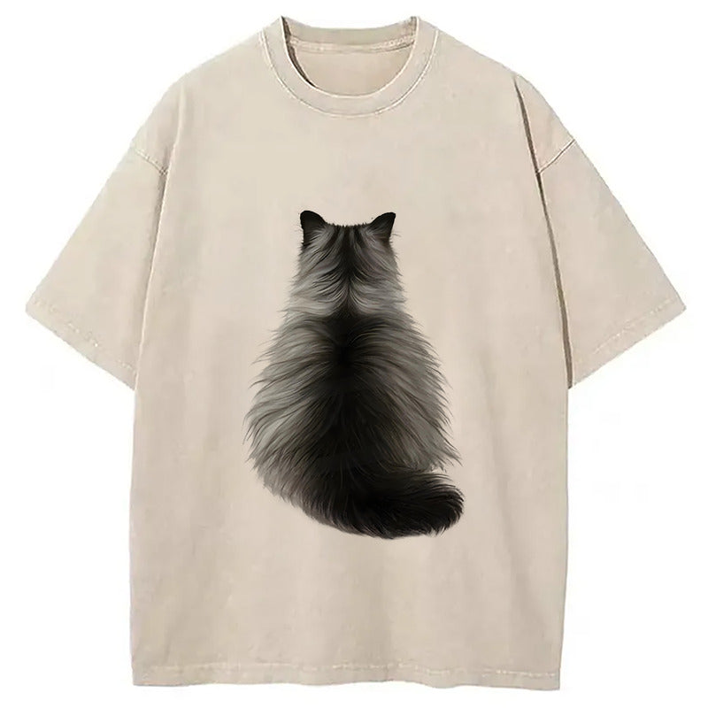 Cat's Back Ink Painting Washed T-Shirt Retro Streetwear Graphic Top Gifts For Him - Gypsysystersgift