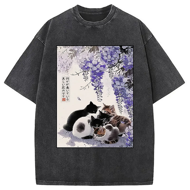 Cats Plotting Under the Wisteria Washed T-Shirt Retro Humor Graphic Top Gifts For Her - Gypsysystersgift