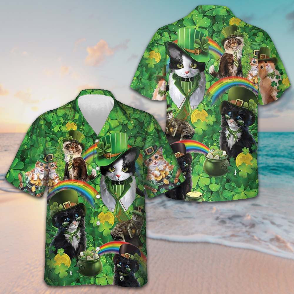 Cats Saint Patrick's Day Hawaiian Shirt Shamrock Button Down Shirt Gifts For Irish Cat Lovers - Famerry