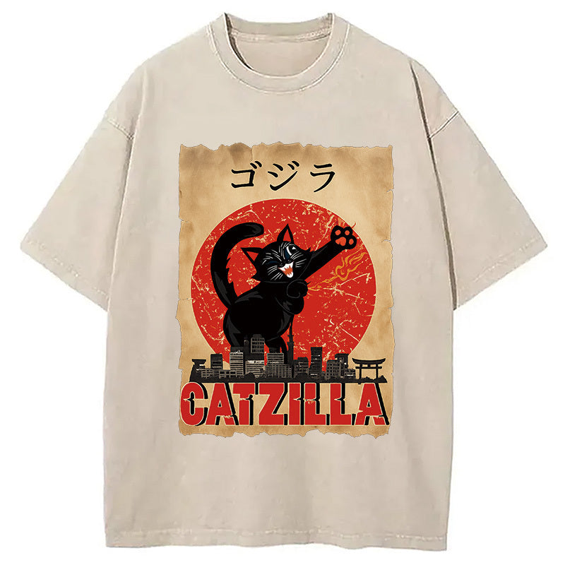Catzilla Monster Cat Japanese Washed T-Shirt Retro Humor Graphic Top Gifts For BFF - Gypsysystersgift
