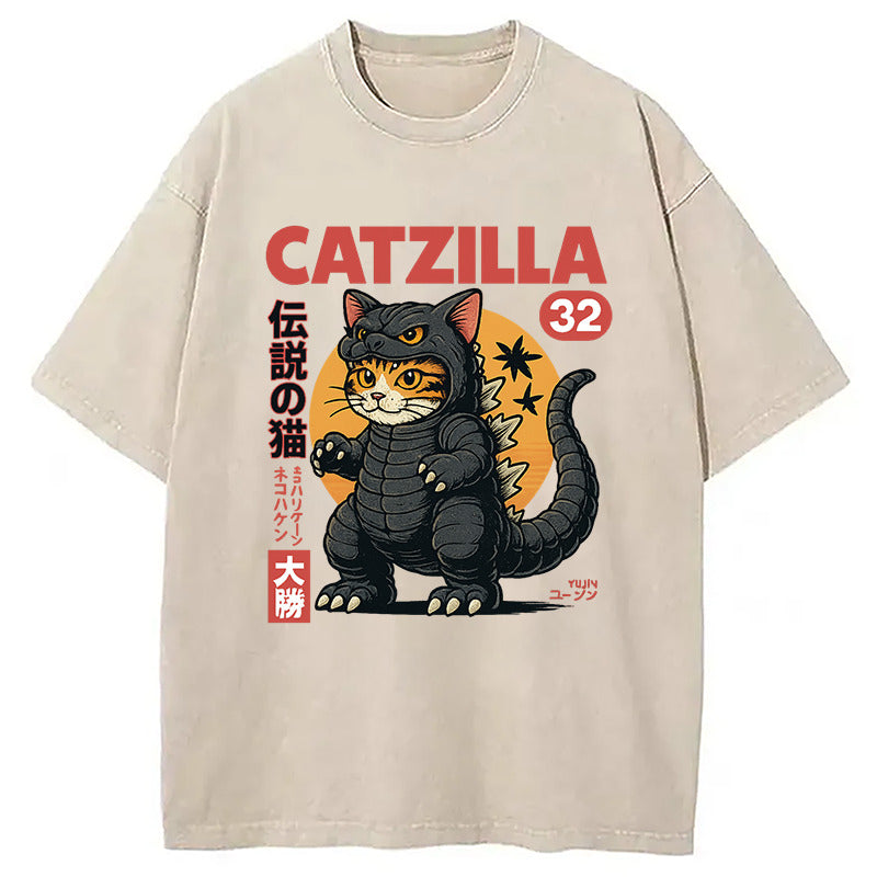 Catzilla Monster Cat Washed T-Shirt Cool Urban Street Style Shirt Gifts For Him - Gypsysystersgift
