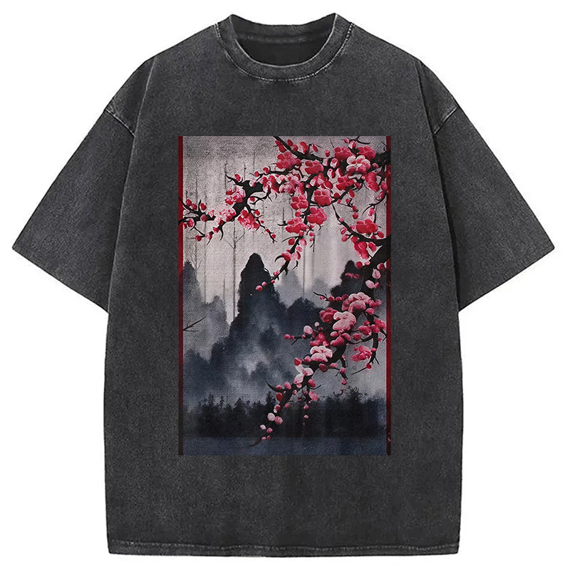 Cherry Blossom Woodblock Japanese Washed T-Shirt Unisex Streetwear Graphic Style Gifts For Her - Gypsysystersgift