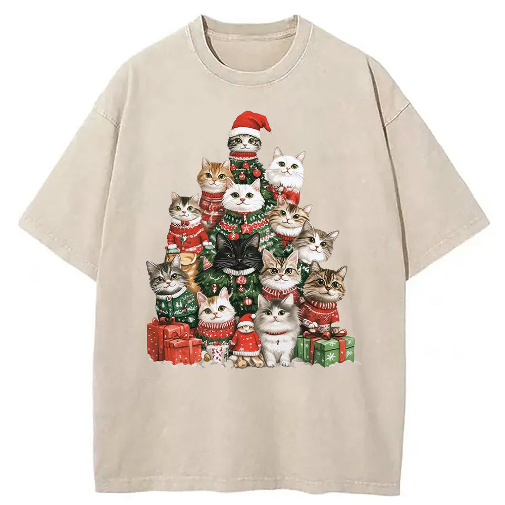 Christmas Cat Tree Washed T-Shirt Retro Humor Outfit Idea Gifts For Her - Gypsysystersgift