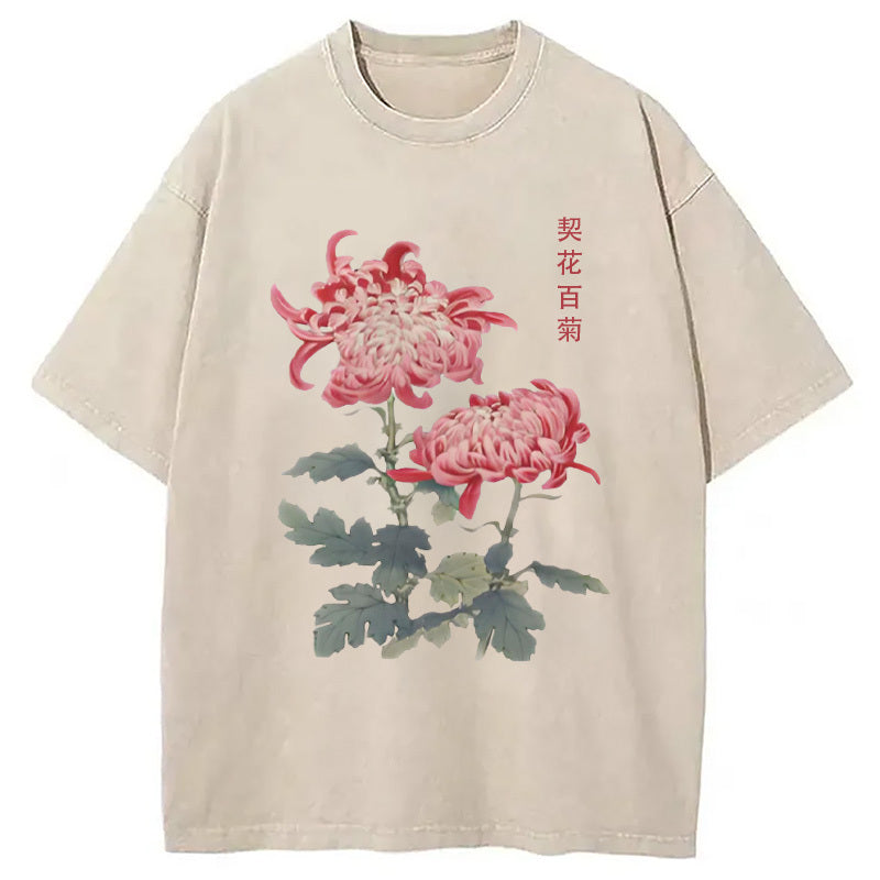Chrysanthemum Floral Washed T-Shirt Retro Streetwear Graphic Top Gifts For Her - Gypsysystersgift