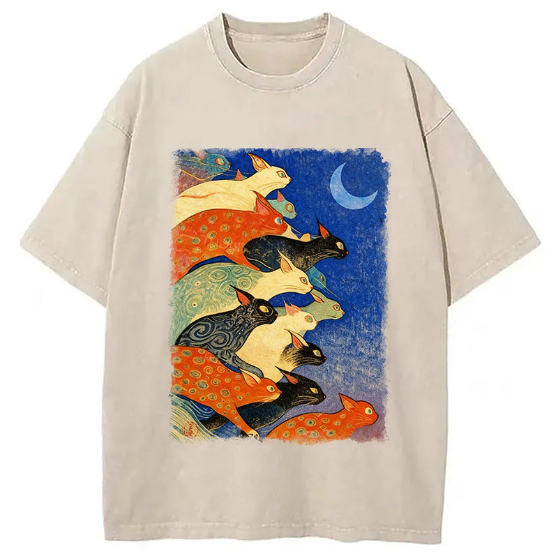 Colorful Flowing Cats Washed T-Shirt Trendy Aesthetic Graphic Apparel Gifts For Her - Gypsysystersgift