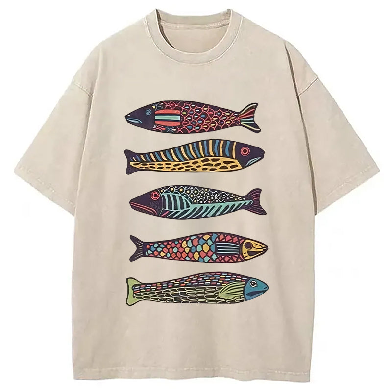 Colourful Schools Of Fish Washed T-Shirt Retro Streetwear Graphic Top Gifts For Her - Gypsysystersgift