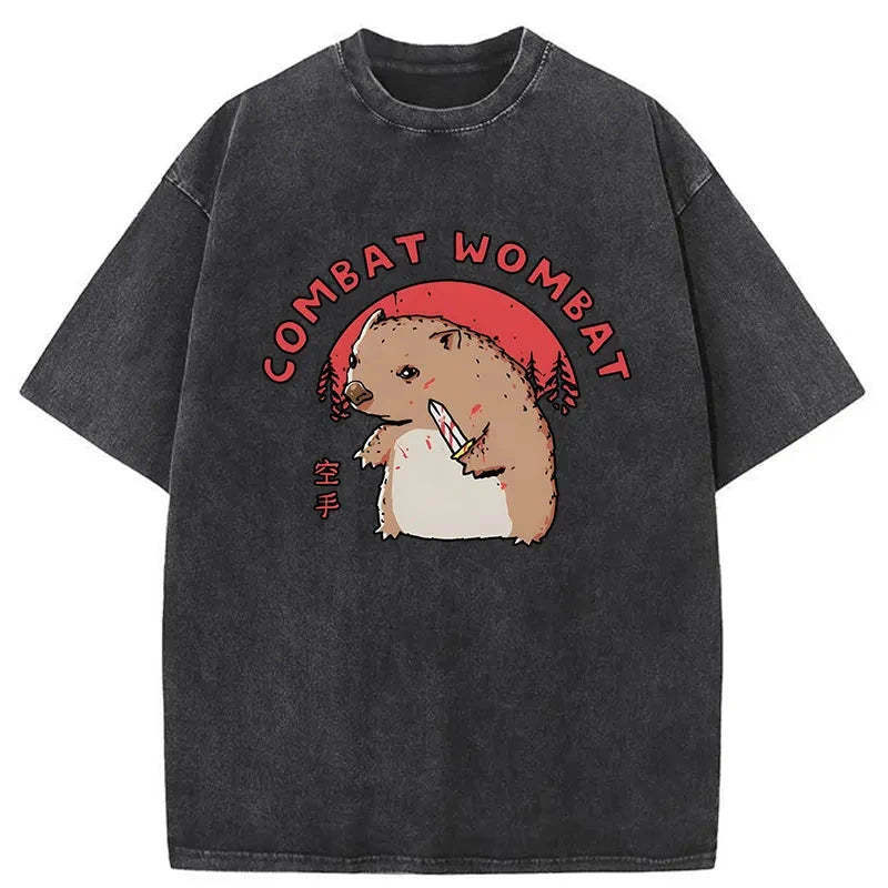 Combat Wombat Japan Washed T-Shirt Retro Humor Graphic Top Gifts For Him - Gypsysystersgift