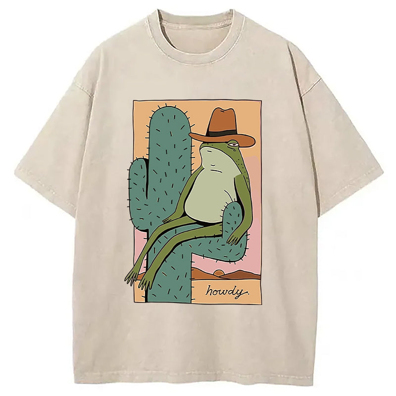 Cowboy Frog Washed T-Shirt Funny Graphic Gift For Friends Gifts For Him - Gypsysystersgift