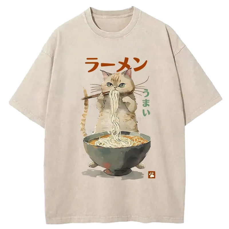 Cute Cat Eating Yummy Ramen Washed T-Shirt Retro Streetwear Graphic Top Gifts For Him - Gypsysystersgift