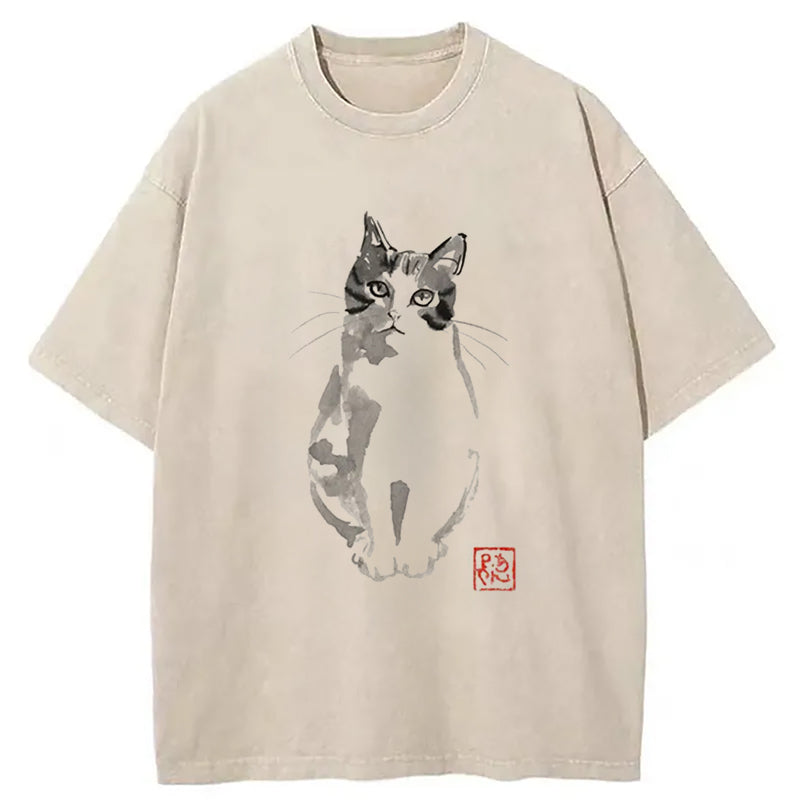 Cute Cat Washed T-Shirt Trendy Everyday Casual Outfit Gifts For Her - Gypsysystersgift