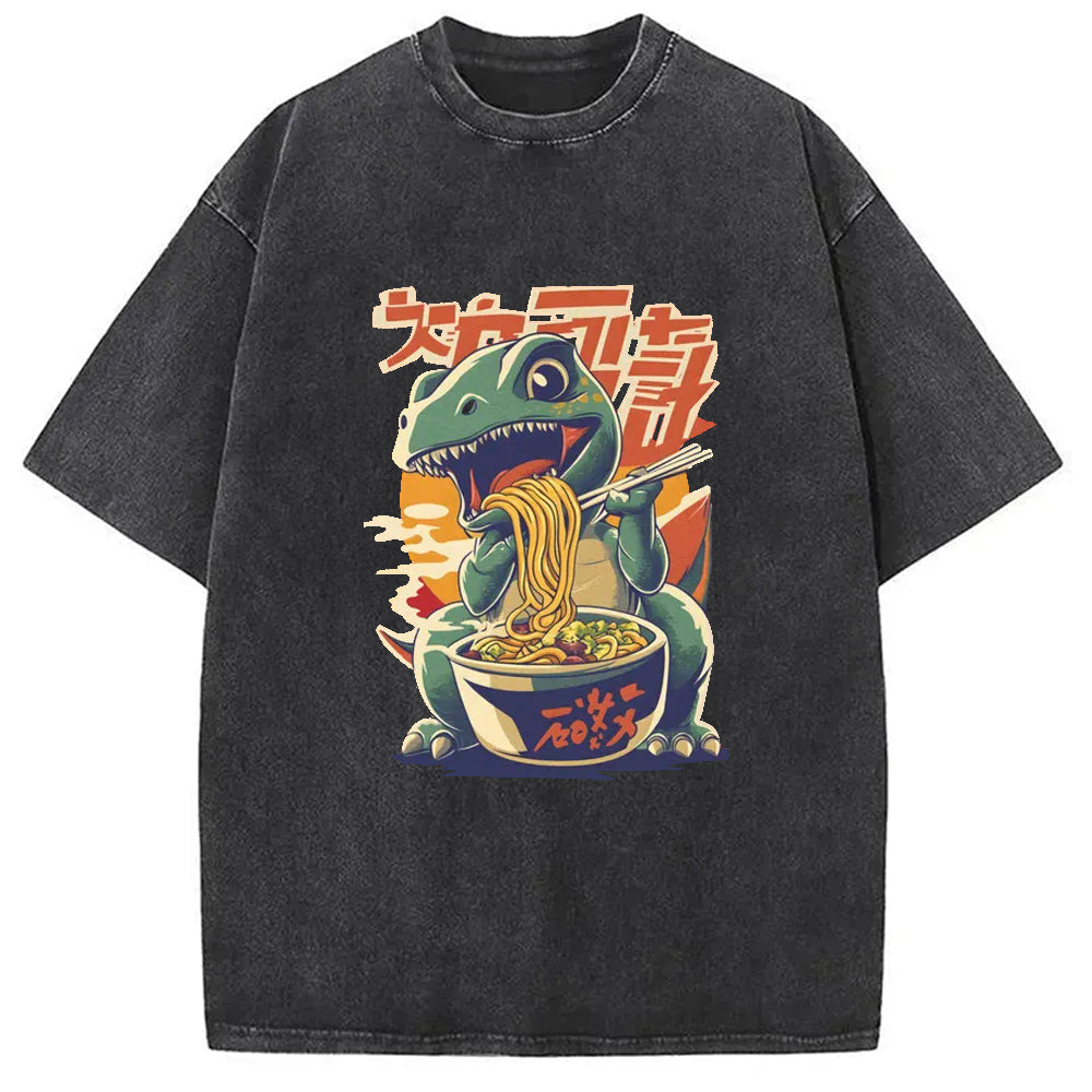 Cute Dinosaur Ramen Washed T-Shirt Soft Comfortable Daily T Shirt Gifts For Her - Gypsysystersgift