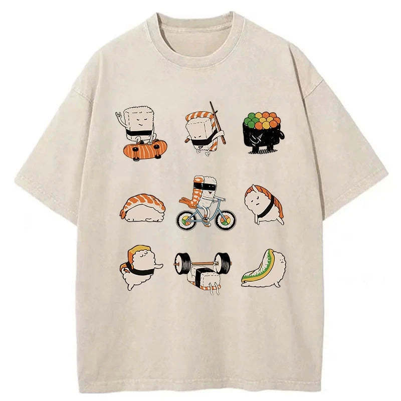 Cute Sports Sushi Washed T-Shirt Retro Streetwear Graphic Top Gifts For Her - Gypsysystersgift