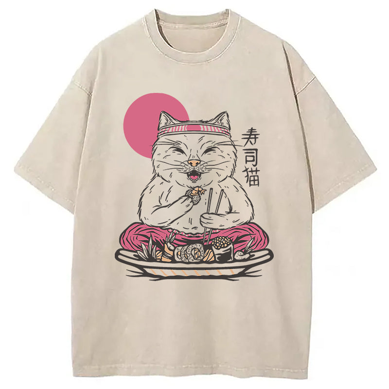 Cute Sushi Cat Eating Washed T-Shirt Trendy Aesthetic Graphic Apparel Gifts For Her - Gypsysystersgift