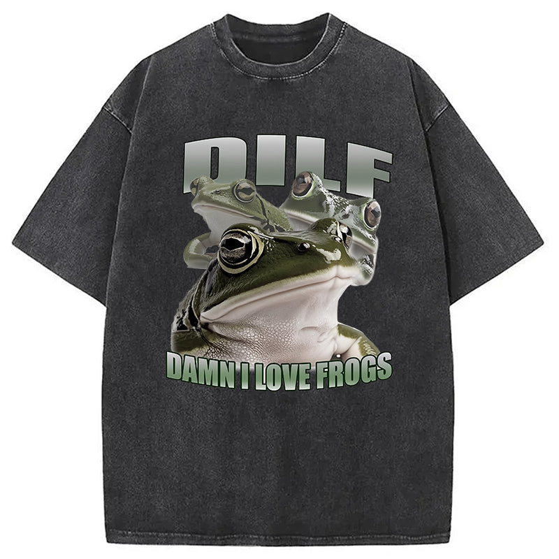 Damn I Love Frogs Washed T-Shirt Retro Humor Graphic Top Gifts For Him - Gypsysystersgift