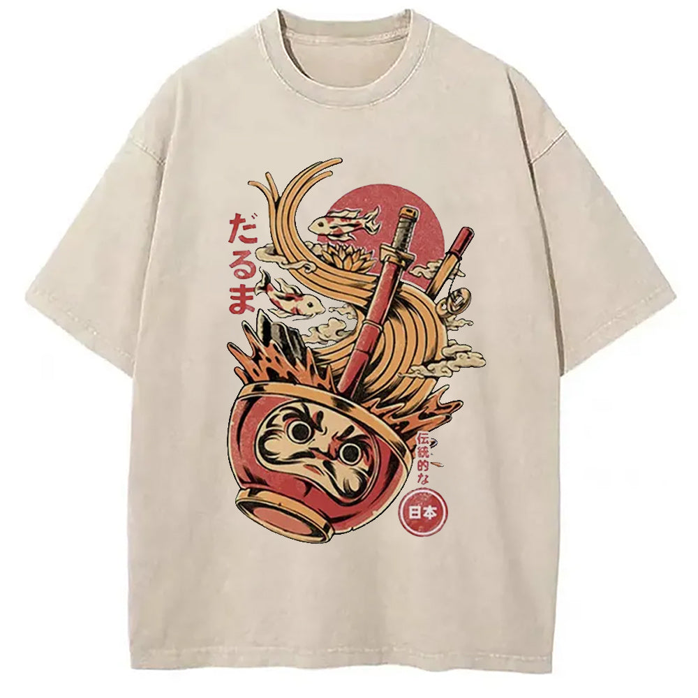Daruma's Ramen Magnet Japan Culture Creative Washed T-Shirt Unisex Streetwear Graphic Style Gifts For Her - Gypsysystersgift