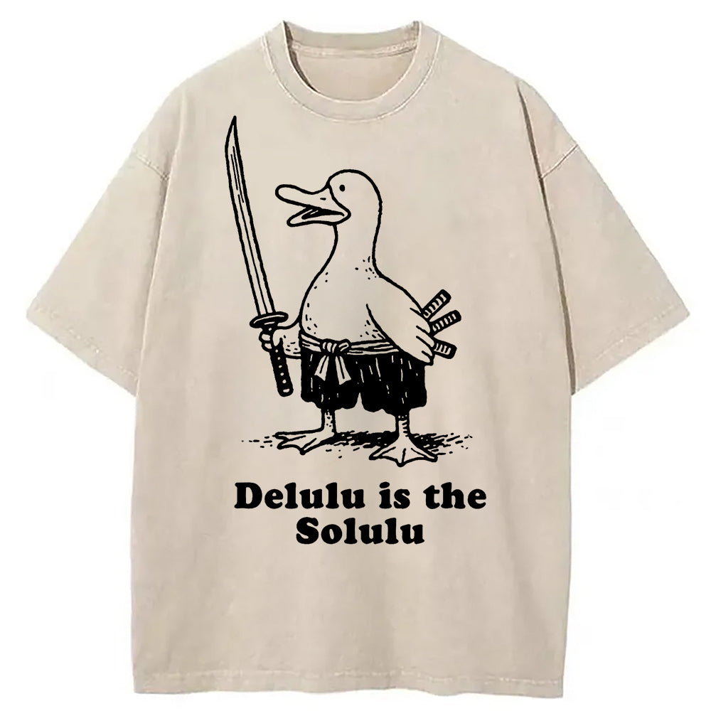 Delulu is the Solulu Samurai Goose Washed T-Shirt Classic Graphic Fashion Tee Gifts For Him - Gypsysystersgift