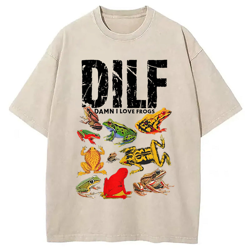 DILF Man I Love Frogs Funny Meme Washed T-Shirt Unisex Streetwear Graphic Style Gifts For Him - Gypsysystersgift