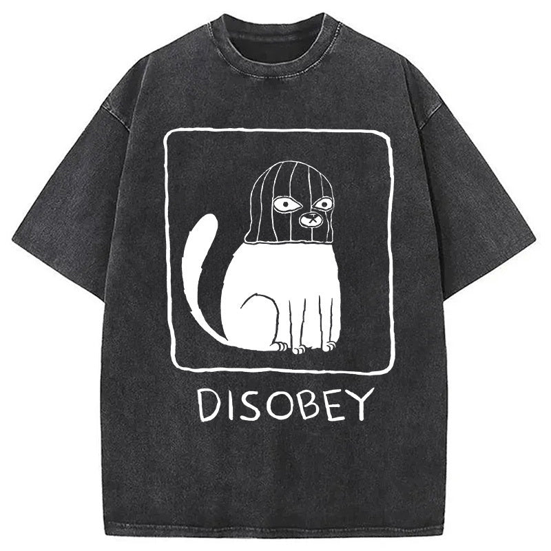Disobey Cat Washed T-Shirt Retro Streetwear Graphic Top Gifts For Him - Gypsysystersgift