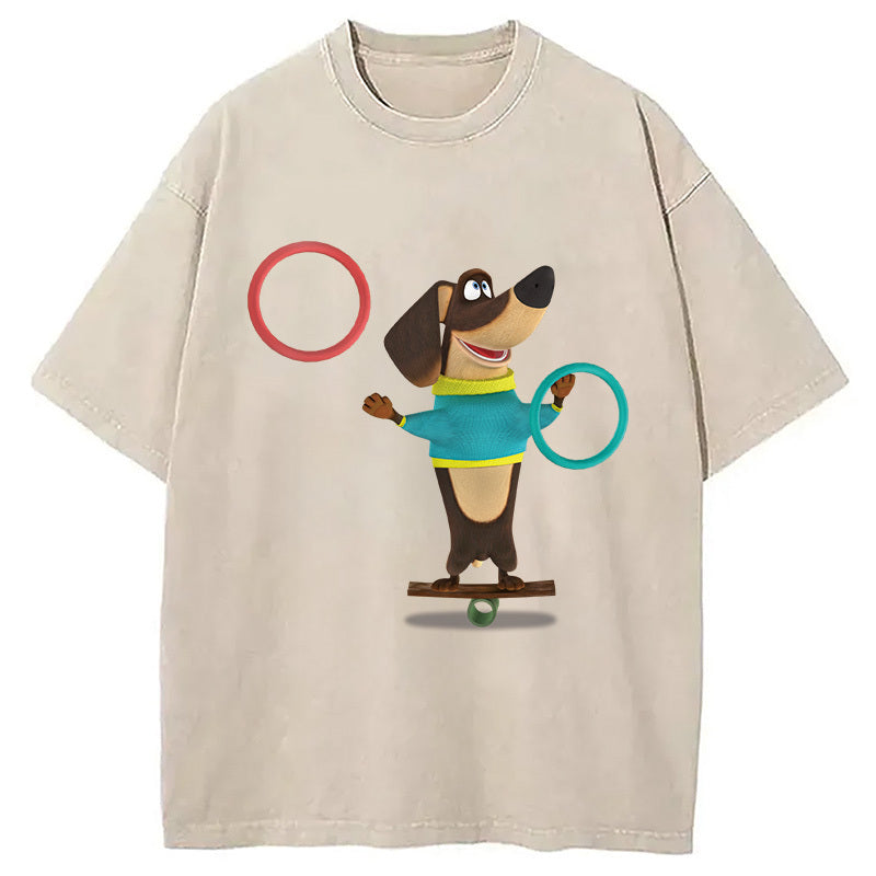 Dog Playing Circle Washed T-Shirt Unique Aesthetic Fashion Tee Gifts For Her - Gypsysystersgift