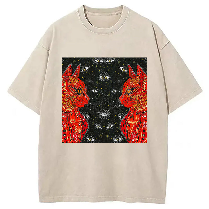 Double Dream Cats Washed T-Shirt Retro Streetwear Graphic Top Gifts For Her - Gypsysystersgift