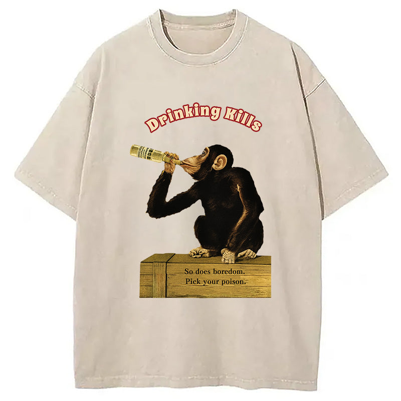 Drinking Kills Monkey Washed T-Shirt Retro Streetwear Graphic Top Gifts For Brother - Gypsysystersgift
