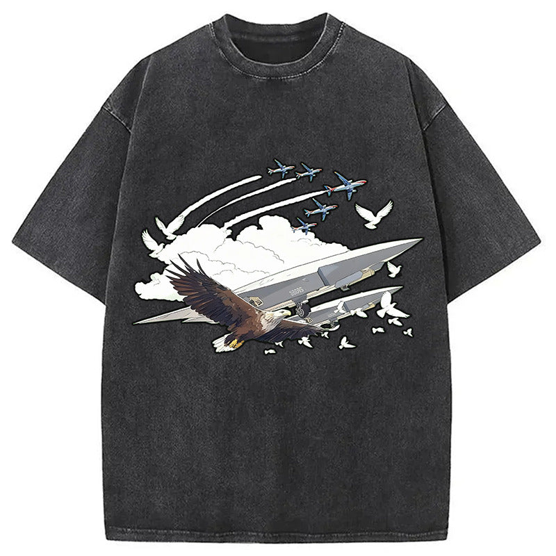 Eagle and Drone Washed T-Shirt Cool Graphic Tee For Men Women Gifts For Her - Gypsysystersgift