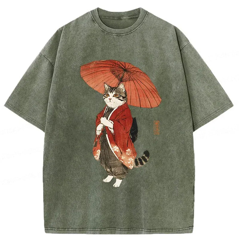 Elegant Cat Holding Umbrella Washed T-Shirt Casual Oversized Outfit Style Gifts For Her - Gypsysystersgift