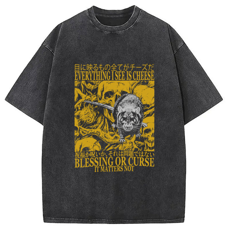 Everything I See is Cheese Vintage Japanese Rat Washed T-Shirt Funny Aesthetic Trendy Apparel Gifts For Him - Gypsysystersgift