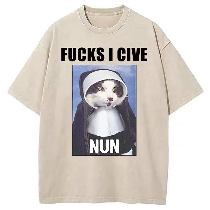 F cks I give Nun Cat Washed T-Shirt Retro Streetwear Graphic Top Gifts For Her - Gypsysystersgift