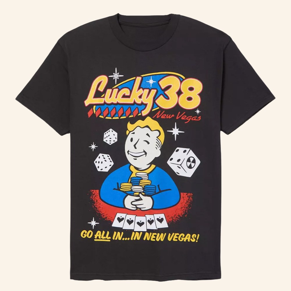Fallout Merch Vault Boy Lucky 38 T-Shirt Go All In In New Vegas Shirt Gifts For Him - GypsysystersGift