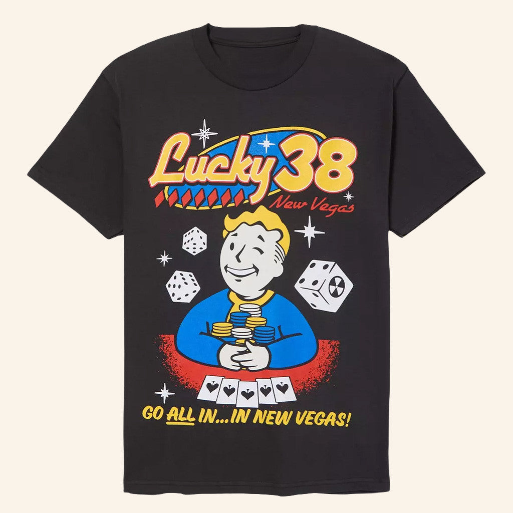 Fallout Merch Vault Boy Lucky 38 T-Shirt Go All In In New Vegas Shirt Gifts For Him - GypsysystersGift
