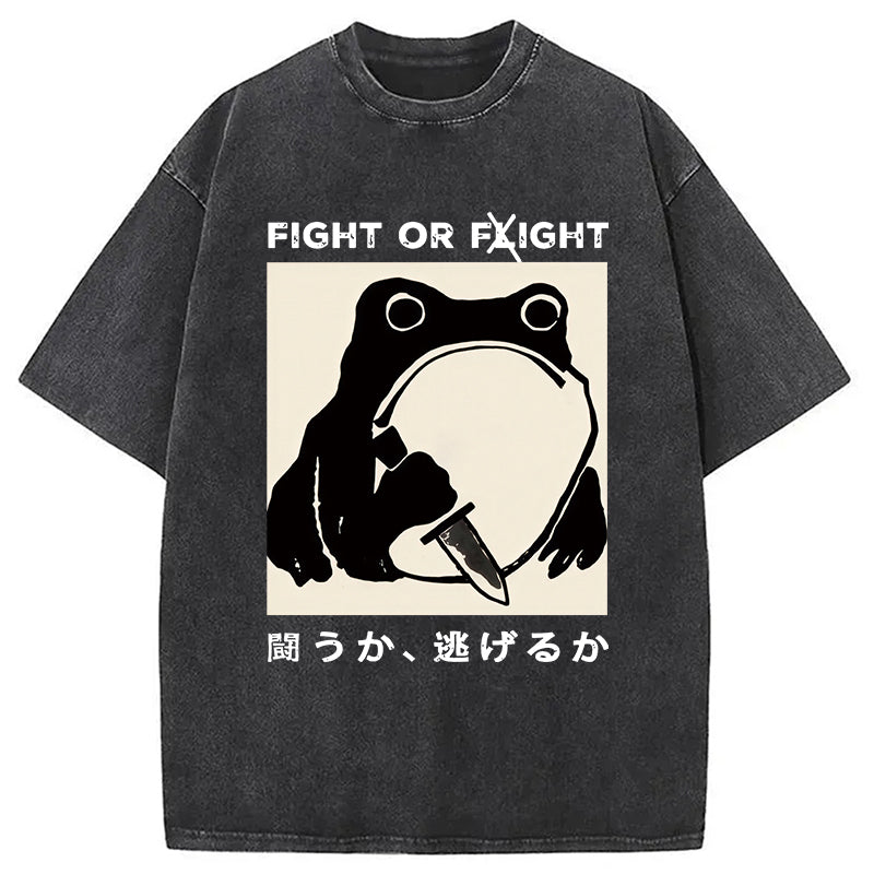 Fight Or Flight Funny Frog Japanese Washed T-Shirt Minimal Retro Graphic Clothing Gifts For Her - Gypsysystersgift