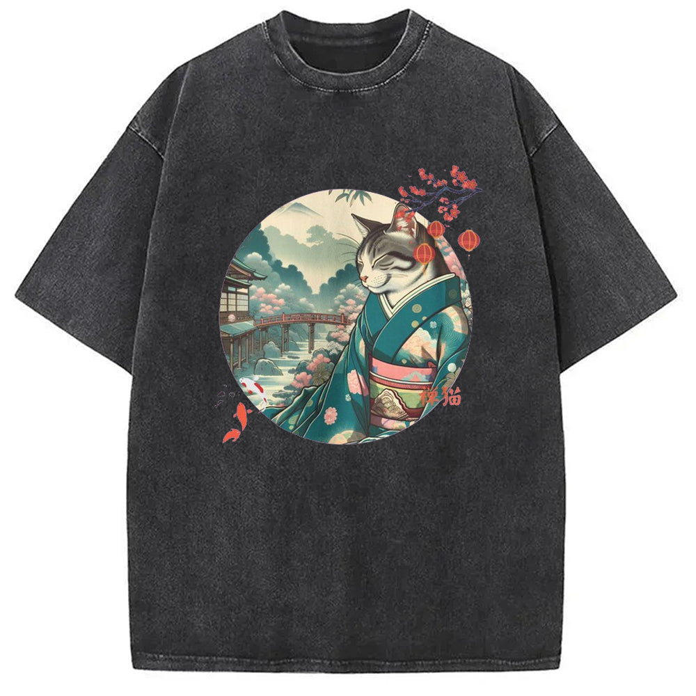 Fish And Kimono Cat Japanese Washed T-Shirt Funny Graphic Gift For Friends Gifts For Her - Gypsysystersgift