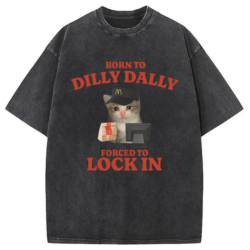 Forced to Lock In Cat Meme Washed T-Shirt Trendy Aesthetic Graphic Apparel Gifts For Him - Gypsysystersgift