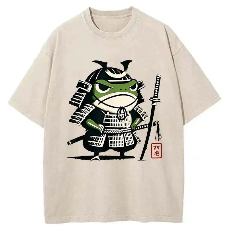 Frog Samurai Japan Washed T-Shirt Minimal Retro Graphic Clothing Gifts For Her - Gypsysystersgift
